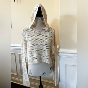 Beige, Boho Crochet Knit Hooded Pullover Crop Top, with Flared Long Sleeves.